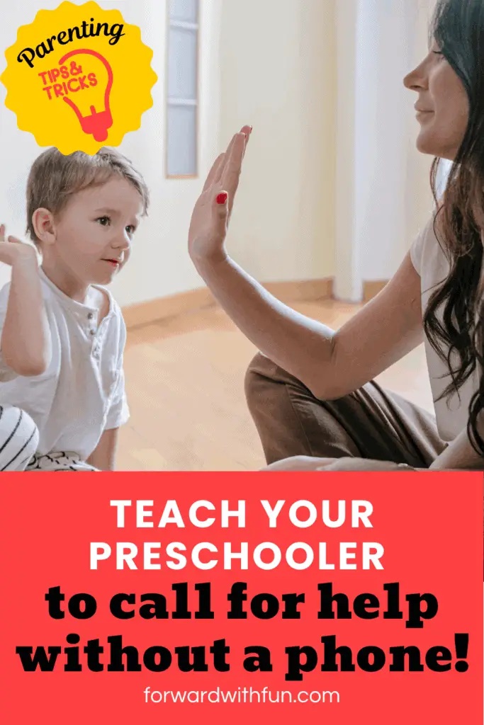 kid high fiving mom under a badge that states parenting tips and tricks, teach you preschooler to call for help without a phone