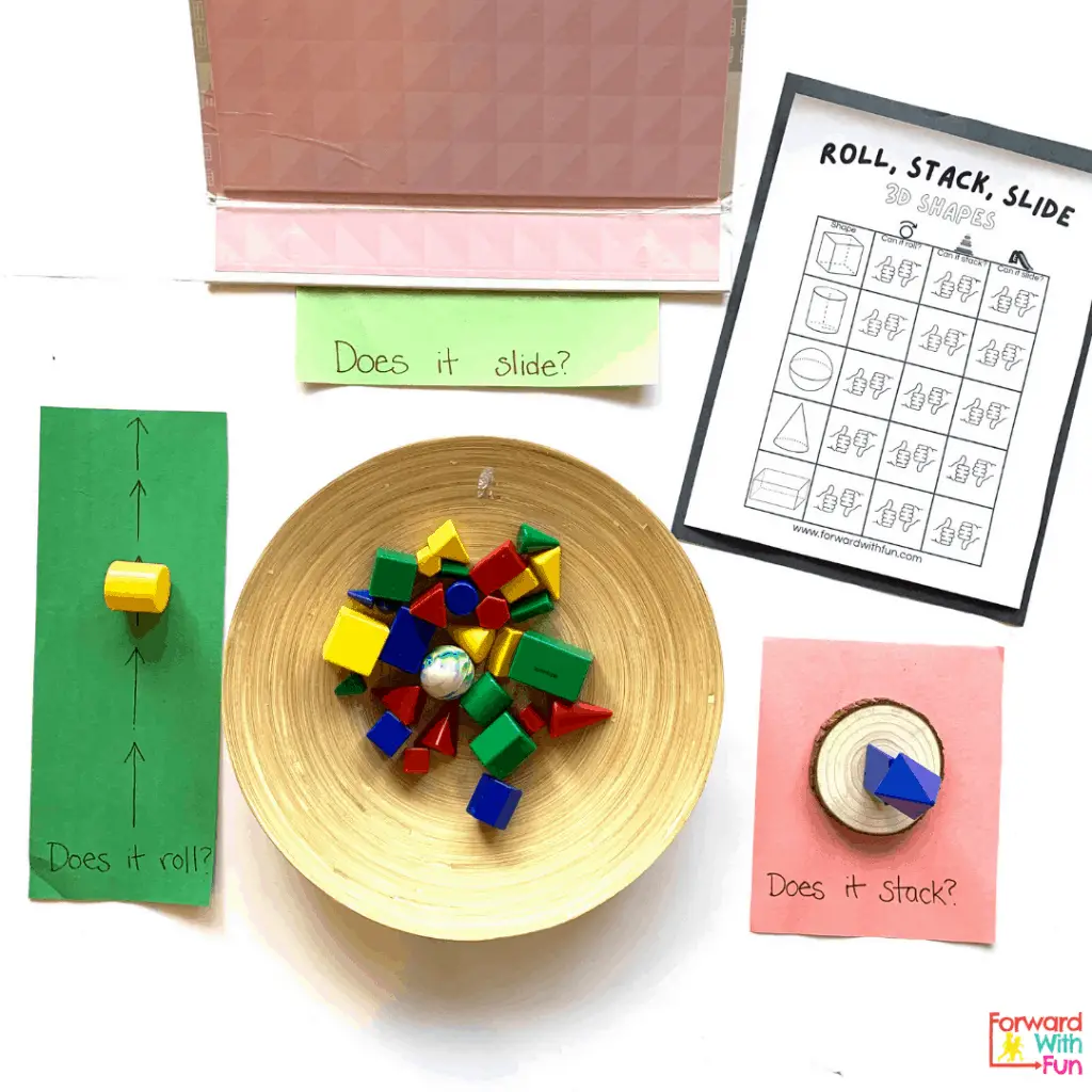 teaching 3d shapes in kindergarten with roll, stack, slide