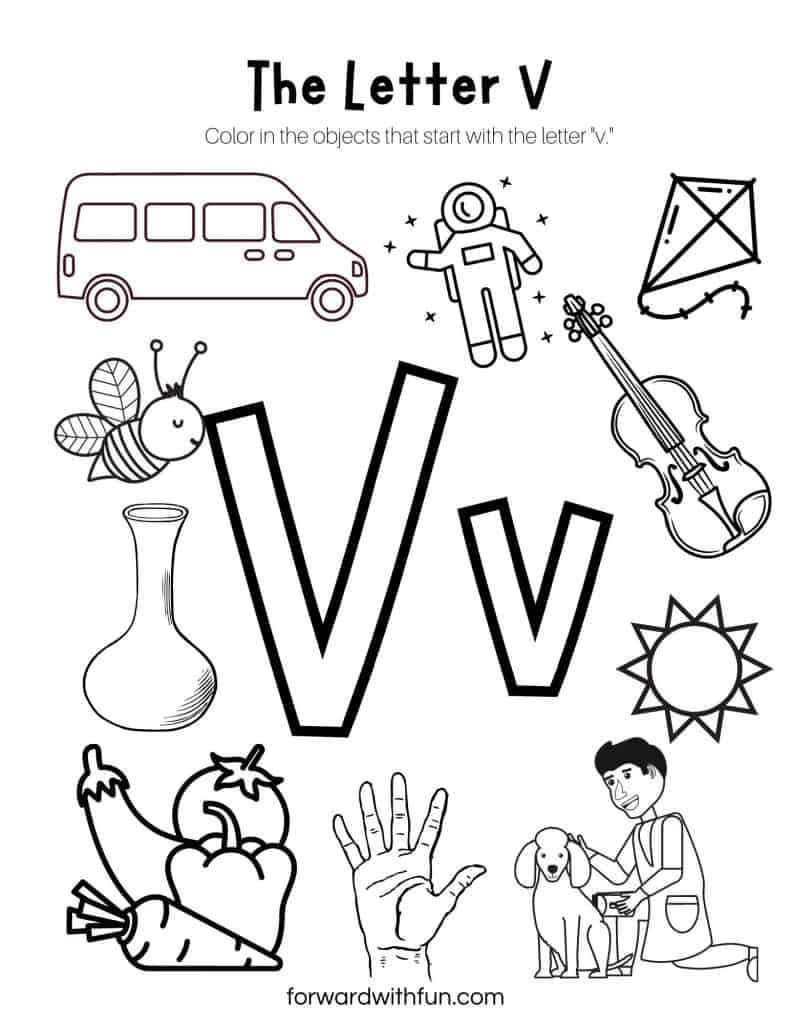 color the pictures of the letter v