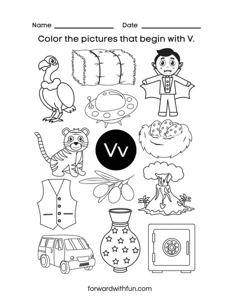 letter v phonics pictures, color ones that start with the v sound