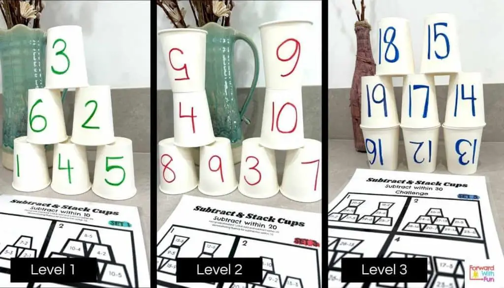 samples of 3 subtraction fact fluency challenges, level 1 subtraction within 10, level 2 subtraction within 20, level 3 subtraction within 30