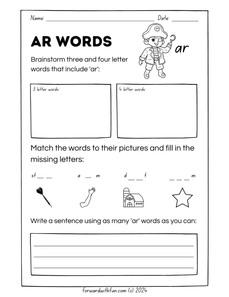 writing AR words worksheet