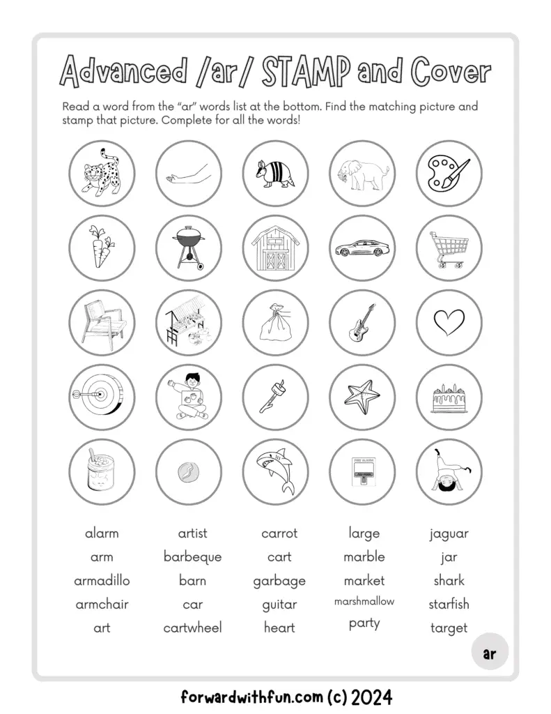 Stamp and Cover AR words list + pictures