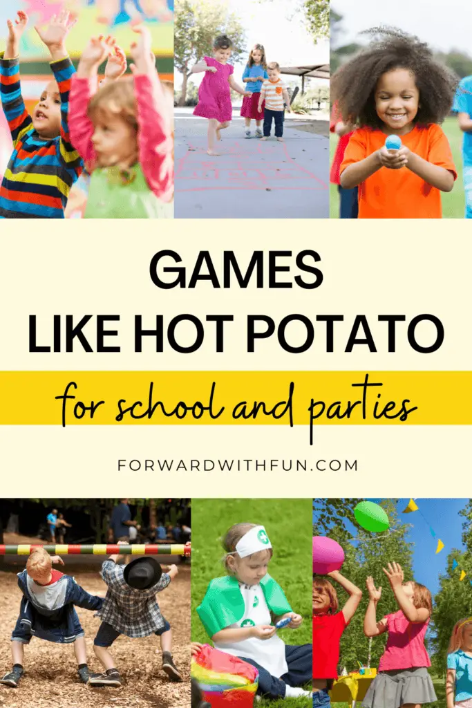 6 photos of children engaged in playing games at school and at parties of games like hot potato