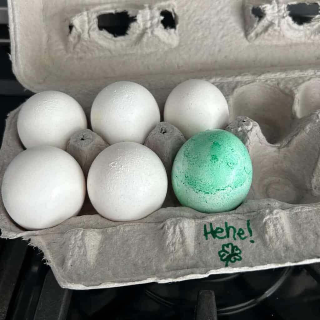 last minute leprechaun trick at home is to color one egg green and dare your kids to eat that one!