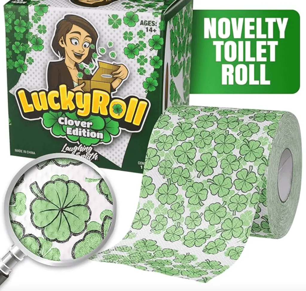 toilet paper left by leprechauns that has shamrocks all over