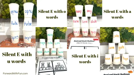 silent e games examples with 4 sets of cups