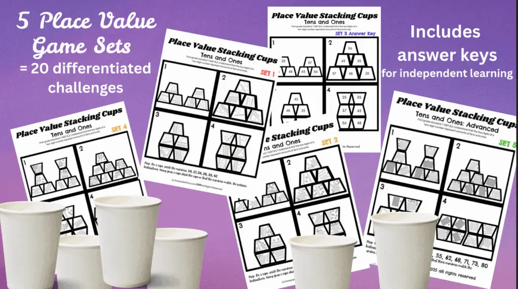 samples of base ten activities sets for purchase with cup stacking challenges and answer keys