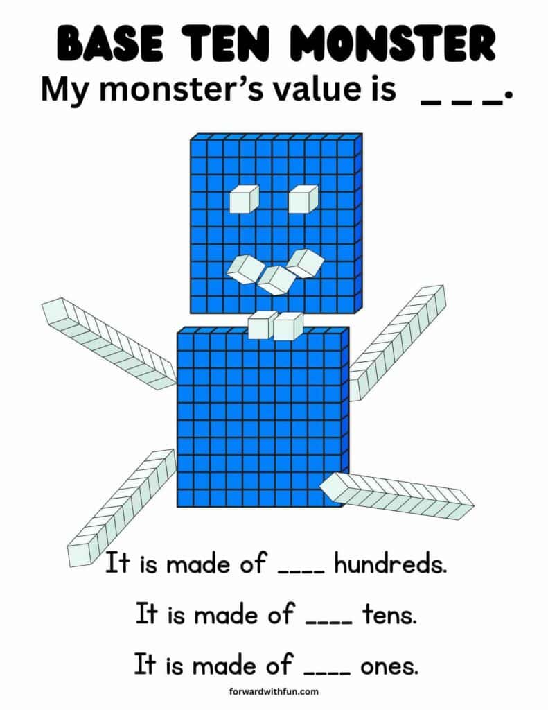 this place value printable activity shows a sample of a monster built by base ten blocks 