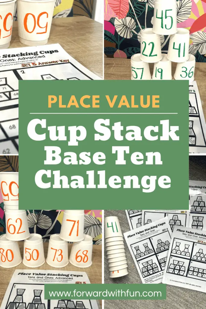 4 photos showing base ten activities where kids stack cups based on the pictures of base ten blocks and ones blocks