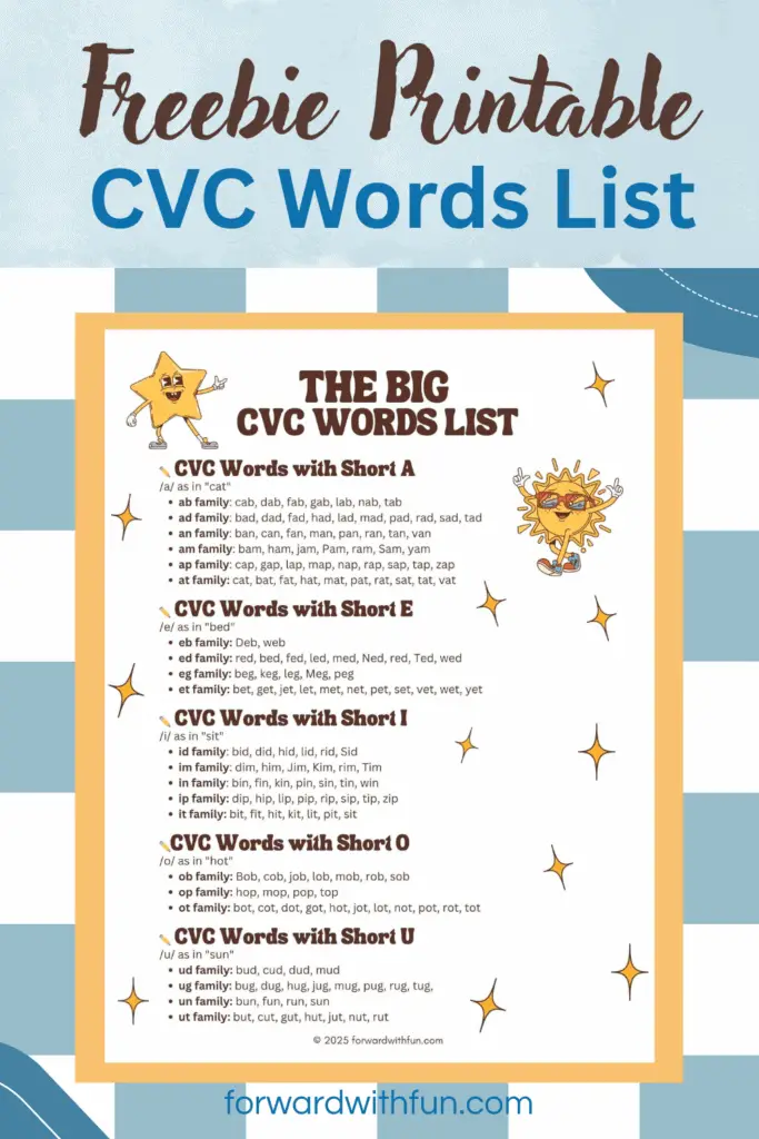 a pinterest pin showing the sample of the pdf version of cvc words list