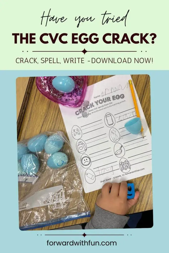 childs work printout with the easter cvc word printable, blue eggs being cracked so the child can unscramble the words and record on cvc worksheet