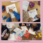 three photos of students doing this activity with the easter cvc word activity printable sheets