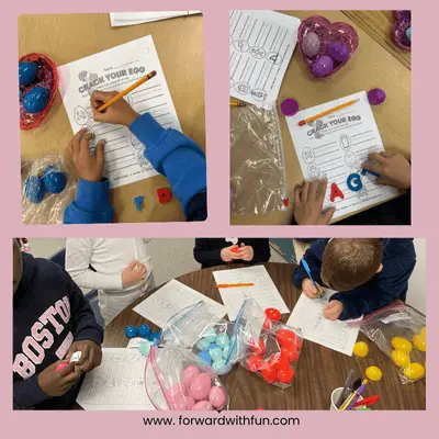 three photos of students doing this activity with the easter cvc word activity printable sheets