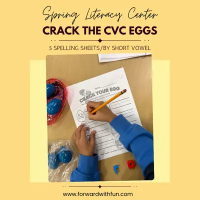 Easter CVC Word Activity for Kindergarten showing a child's hand writing a CVC word on the downloadable recording sheet