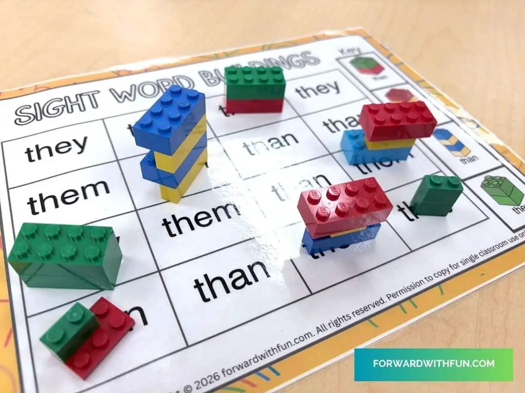 a sample sight word game where legos are stacked on sight words in different orders based on the key