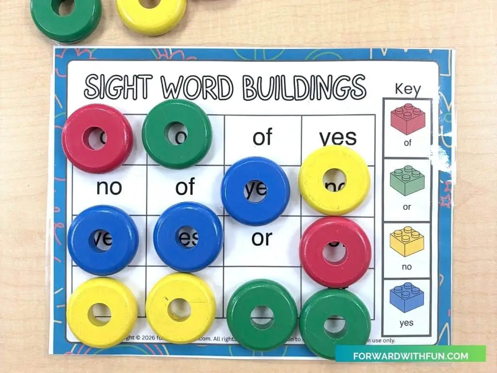 instead of legos, we used stacking color circles to play this sight word game