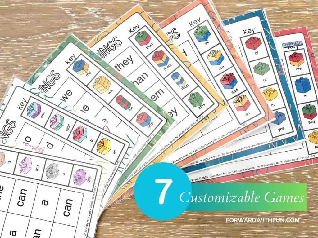 all 7 sight word games shown with customized words and different lego stacking orientation